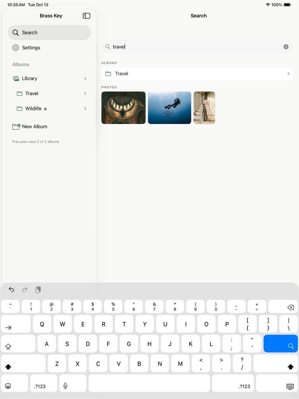 Search results on an iPad, beside the sidebar of albums.