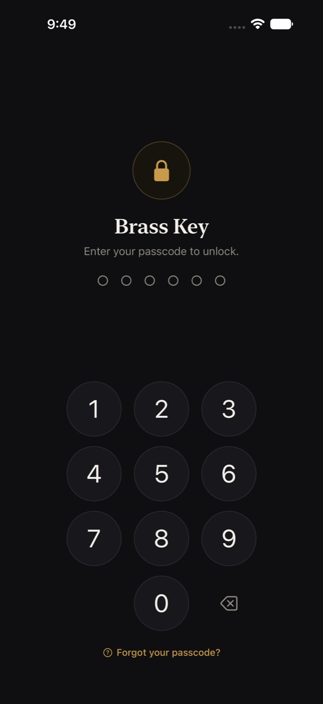 The lock screen: a padlock, the words Brass Key, and a six-digit passcode keypad.