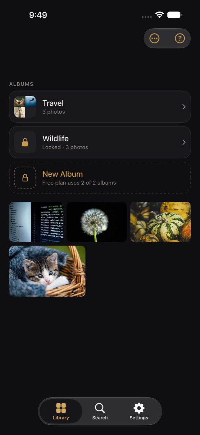 The Library: albums listed above a grid of photos sized to each photo's shape.