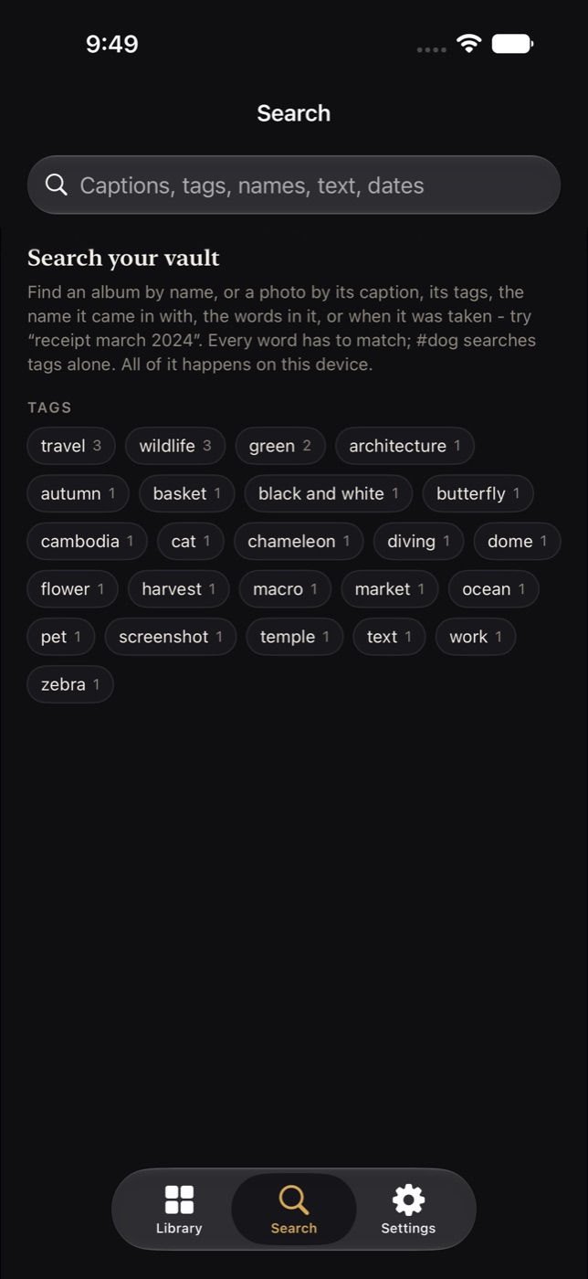The Search screen before typing, listing every tag in use with a count.