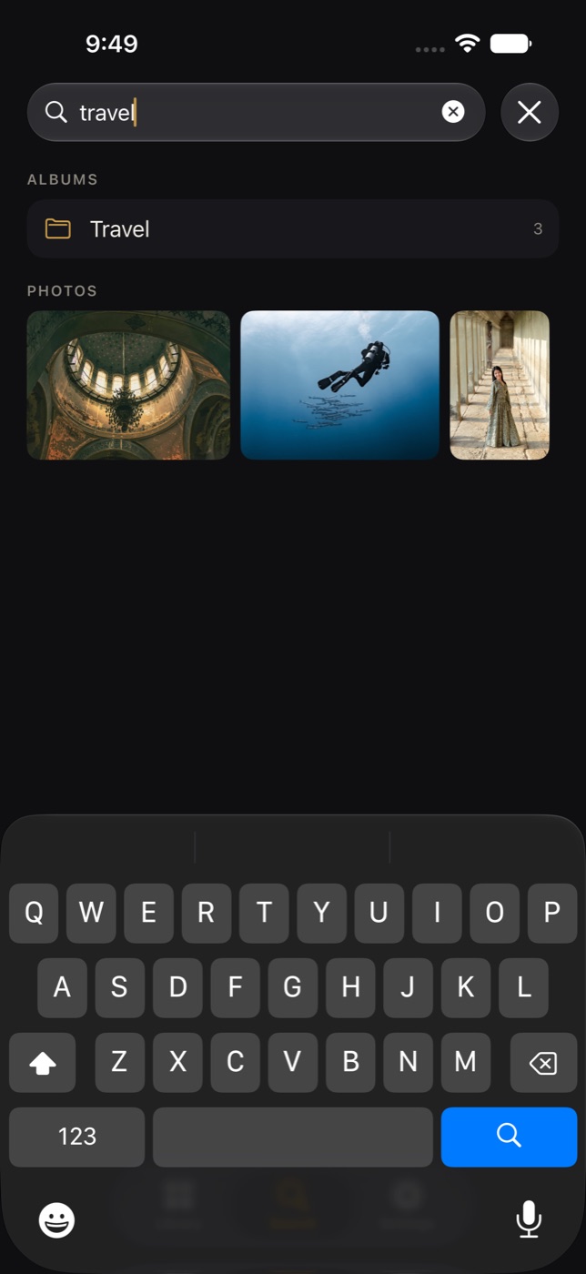 Searching for the word travel: the Travel album, and the three photos tagged travel.