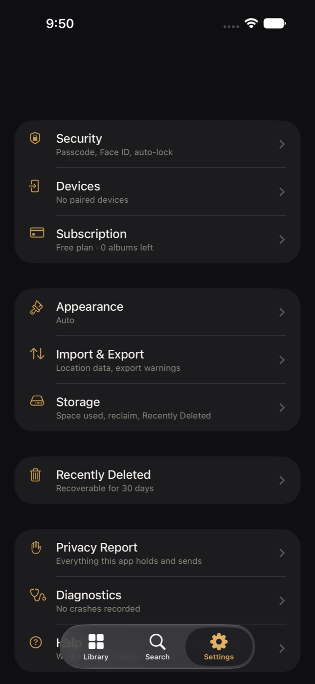 Settings: Security, Devices, Subscription, Appearance, Import and Export, Storage, Privacy Report and Help.