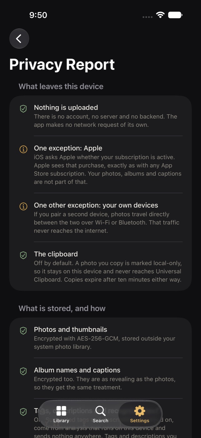 The Privacy Report: what leaves the device, what is stored and how, and what is not collected, each in a sentence.